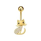 Niaspi Cute Cat Belly Button Ring for Women Stainless Steel Navel Barbell Rings Rhinestone Kitten Belly Curved Barbells Body Piercing Jewelry (Gold)