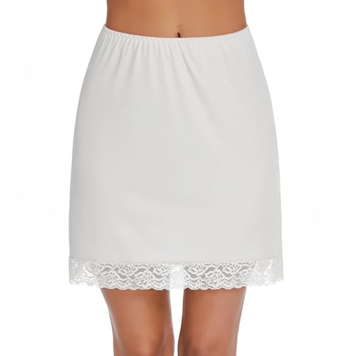 SamHeng Media Falda para Mujer Antideslizante Enagua de Cintura por Encima de la Rodilla Enagua Corta de Encaje para Mujer(Blanco/L)
