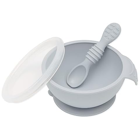Bumkins Baby Bowl, Silicone Feeding Set with Suction for Baby and Toddler, Includes Spoon and Lid, First Feeding Set, Training Essentials for Baby Led Weaning for Babies 4 Months Up, Gray Cover