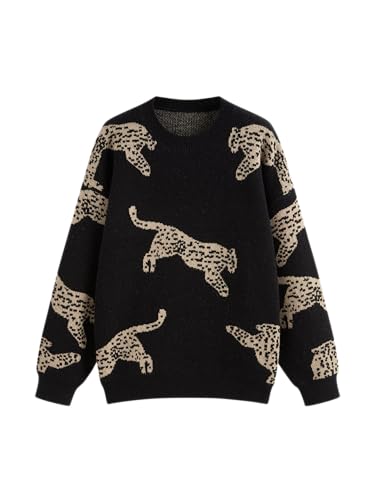 CIDER Womens Leopard Print Sweater Crew Neck Casual Pullover