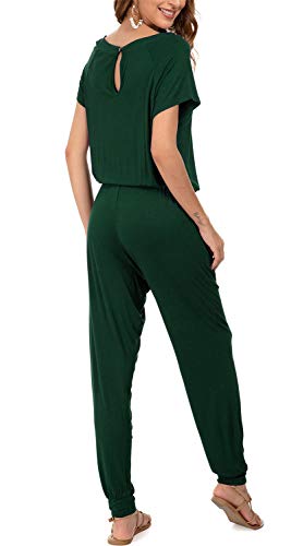 Doubcq Womens Casual Short Sleeve Jumpsuits Elastic Waist Jumpsuit With Pockets(Dark Green, L) #TOP4