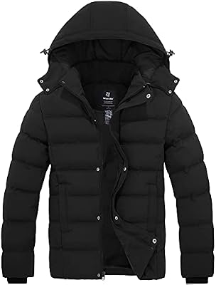 wantdo Men's Hooded Winter Puffer Coat - Windproof Puffer Jacket, Black, Large