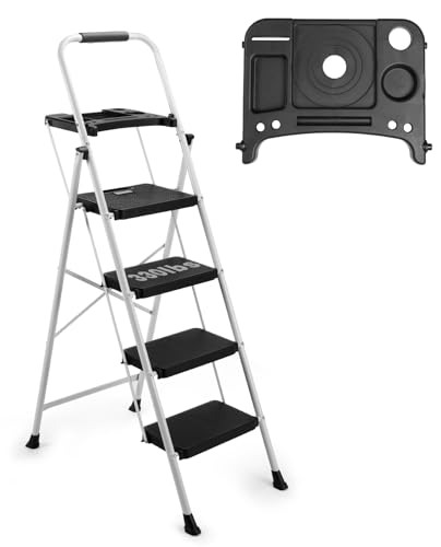 4-Step Ladder with Tool Platform, Wide Anti-Slip Platform & Thick Rubber Feet - Lightweight Heavy Duty Foldable & Portable - 330 lbs Capacity, Rubber Handgrip, Folding Step Stool - White
