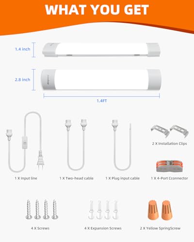 Image of 5000K LED Ceiling Light Fixture with Plug, Under Cabinet Lighting, Linkable LED Light Bar for Kitchen Bathroom Garage Corridor Office Overhead Lighting (1.4FT-1PCS)