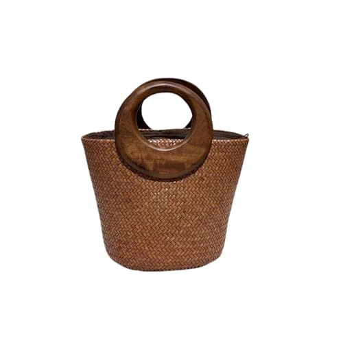 Straw Rattan Woven Handbag Totes Bucket Bag Wooden Top Handle