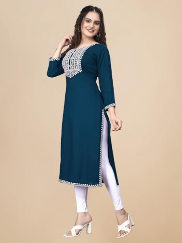 Image of Women Rayon Embroidered Kurti Three Quarter Sleeve Kurta for Women and Girls Embroidery Work Soft Rayon Fabric Comfortable