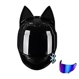 Cool and Cute Motorcycle Cat Ear Helmet for Girl Women, DOT Certified Bluetooth Motorcycle Helmet Full Face Flip-Up Integrated Motorbike Gift Helmet, Cat Racing Motocross Helmets