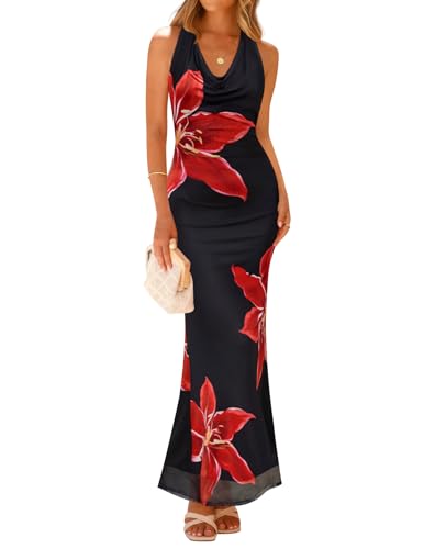 ZESICA Women's 2025 Summer Halter Neck Floral Print Maxi Dress Sleeveless Backless Wedding Guest Party Bodycon Long Dresses