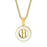 Rockyu Collar para mujer dorado inglés en forma de H, collar de acero inoxidable, hipoalergénico, colgante de conchas marinas, collar con inicial de moneda, accesorio elegante de acero inoxidable