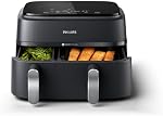 Friteuse à air à double panier Philips 3000 Series, 8-en-1 fonctions, 9L, 2 tiroirs, synchronisation automatique du temps de cuisson, 90% de graisse en moins, technologie Rapid Air, application de recettes HomeID, lavable au lave-vaisselle, noir, (NA351/00)
