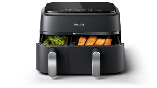 Philips Dual Basket Air Fryer 3000 Series — 8-in-1 functions, 9.5 Quarts Airfryer, 2 Drawers, Auto-sync Cooking Time, 90% Less Fat, Rapid Air Technology, HomeID App, Dishwasher Safe, Black (NA351/00)