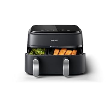 Philips Dual Basket Air Fryer série 3000 — funções 8 em 1, 9,5 litros, 2 gavetas, tempo de cozimento de sincronização automática, 90% menos gordura, tecnologia de ar rápido, aplicativo de receitas
