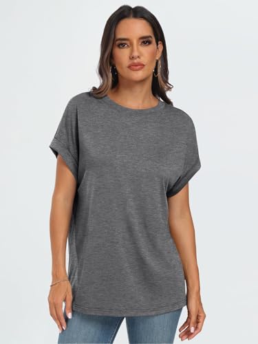 Cuptacc Camiseta Mujer Verano Cuello Redondo Manga Corta Oversize Básica Unicolor Gris Oscuro Talla S 34-36