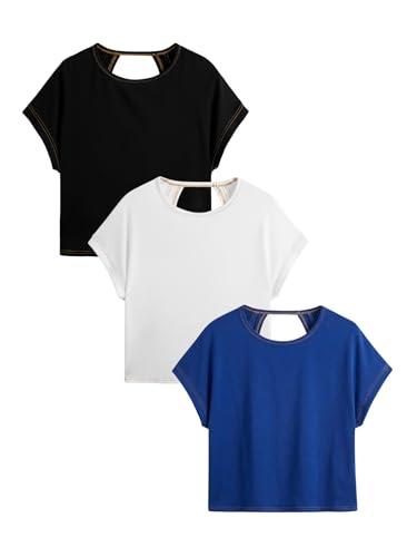 Image of RoseSeek Women's 3 Packs Open Back Tops T Shirt Criss Cross Cut Out Tee Short Sleeve Crewneck Summer Backless Tops