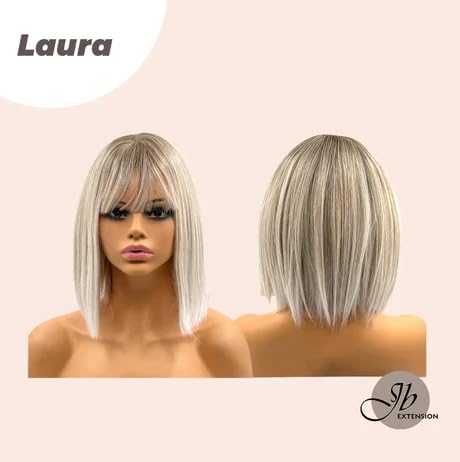Miniatura 7 de LAURA - Peluca de corte Bob rubio frío con raíz oscura y flequillo completo, pelucas de cabello corto sin pegamento para mujer, pelucas sintéticas