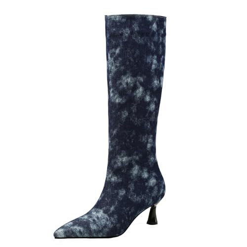 XINXINIO - Botas de mezclilla para mujer con tacón de gatito, Azul oscuro., 44 EU