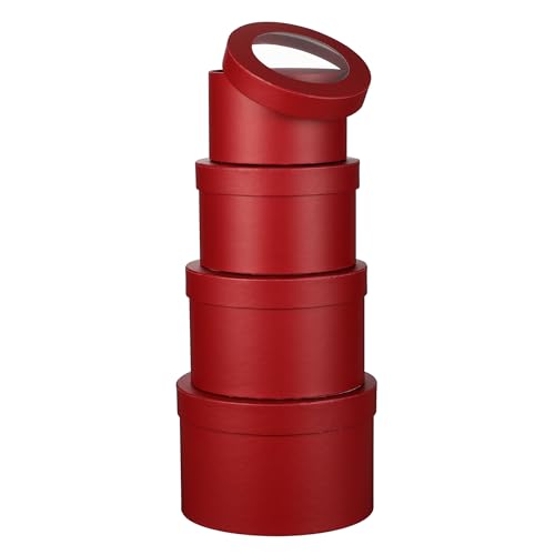 Oairse Round Gift Boxes with Clear Lids Set of 4 Red Flower Boxes Assorted Sizes Cardboard Nesting Gift Box Florist Hat Box for Presents Flowers Arrangements Wedding Birthday Party Valentines