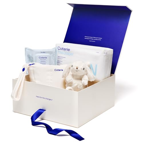 Image of Coterie The Newborn Gift Set, Size Newborn Diapers (31 Count) & Size 1 (33 Count), 1 Travel Size Pack Baby Wipes (18 Count), Plant Based Materials, Hypoallergenic for Sensitive Skin, Baby Essentials