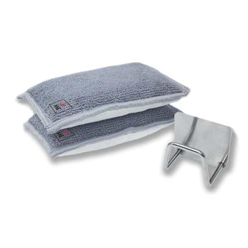 Éponge Réutilisable Lavable, 2 tampons grattants Non rayants en Microfibre éponge nettoie efficacement Toutes Les Surfaces avec Support pour Éponges. (Grise ET Blanc)