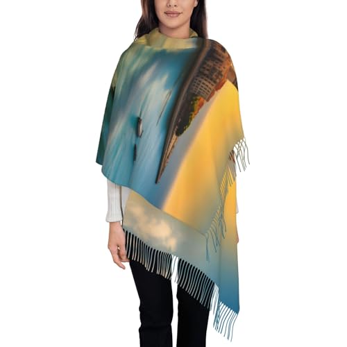 Qwvbn Bufanda de borla de pelo largo con estampado de puesta de sol en Barcelona, suave y cálida, perfecta para la coordinación de atuendos y un regalo de Año Nuevo.