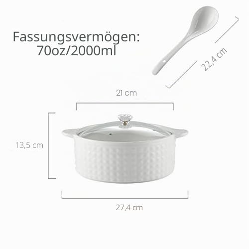 Keramik Suppenterrine mit Deckel und Schöpflöffel Set, Mikrowellen- und Spülmaschinenfest, Ideal zum Servieren und Warmhalten von Suppe