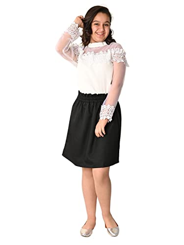 Image of LILPICKS Girls Stylish Lace Netted Top with Plain Skirt Set (White Black)