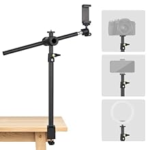 Multifunctional Overhead Camera Desk Mount: With 360° ball head (1/4" screw), 9 cm/3.54 inch mobile phone holder (1/4" screw), suitable for lightweight cameras, smartphones, mobile phones, webcam, LED ring light and many other devices. Features a 360...