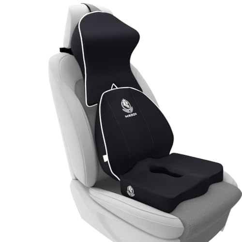 Image of MRRON Memory Foam Posture Corrector Car Seat Cushions Combo | Orthopedic Backrest, Coccyx Cushion & Neckrest | Ergonomic Lumbar Comfort Seat Cushion | Reduces Sciatica (Black, Spine Support)