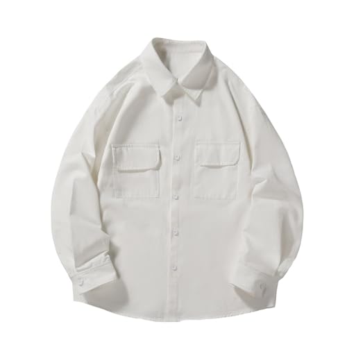 Camisa genérica para hombre 2026 Primavera casual holgada dos bolsillos manga larga cuello clásico ropa de ciudad cómoda, blanco, XXL