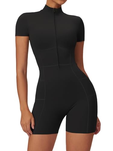 Image of ECUPPER Women's Zip Up Gym Jumpsuit all in one Yoga Unitards Short Sleeve Romper Suits Workout Bodysuit Scrunch Bum Playsuits Black S