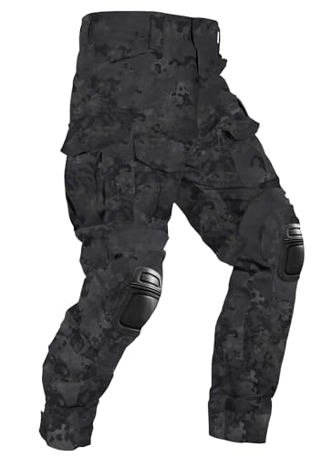 OCANXUE Men’s Tactical Pants with Knee Pads Camo Cargo Pants Waterproof Hiking Pants 10 Pockets No Belt Black Camo 34