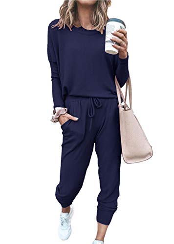 PRETTYGARDEN Womens Solid Color Two Piece Outfit Long Sleeve Crewneck Pullover Tops And Long Pants Sweatsuits Tracksuits