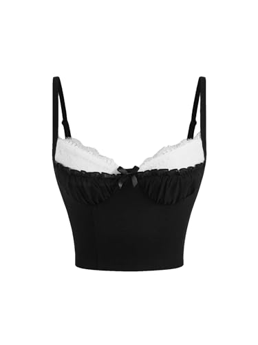 SOLY HUX Women's Contrast Lace Ruched Bust Cami Crop Top Y2k Slim