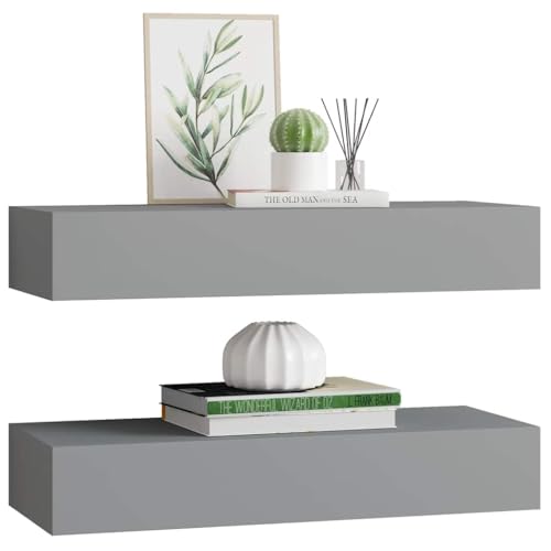 Juego de 2 estantes de pared con cajón, mesita de noche con estante, estantes de pared para dormitorio, oficina, salón, carga 10 kg, MDF blanco