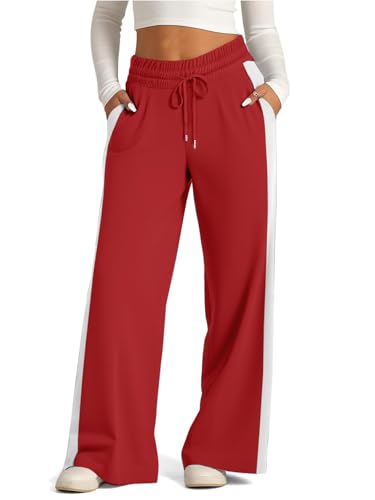 SOFIA'S CHOICE Women's Side Stripes Drawstring Sweatpants Loose Straight Leg Lounge Pant with Pockets Red White-F1 Medium