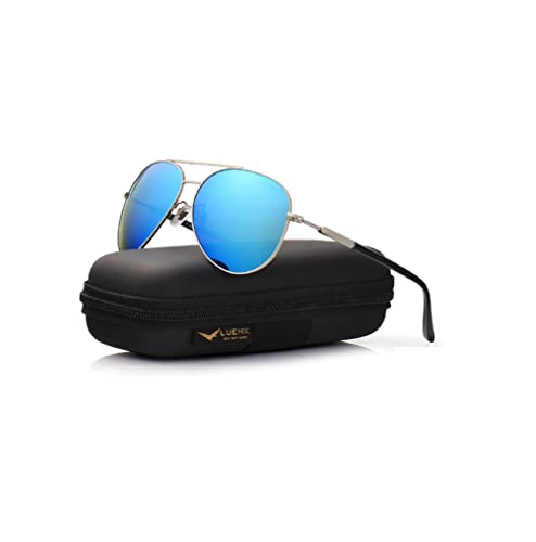 LUENX Aviator Sunglasses for Mens Womens Polarized Mirror - UV 400 Protection Light Blue Lens Silver Frame 60mm