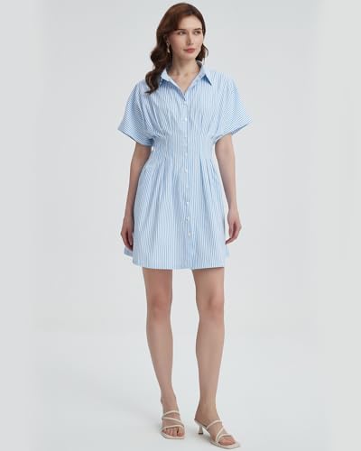 YEXPINE Women\'s Button Down Pleated Shirt Dress Short Sleeve Corset Waist Striped Summer Causal Mini Dresses Blue