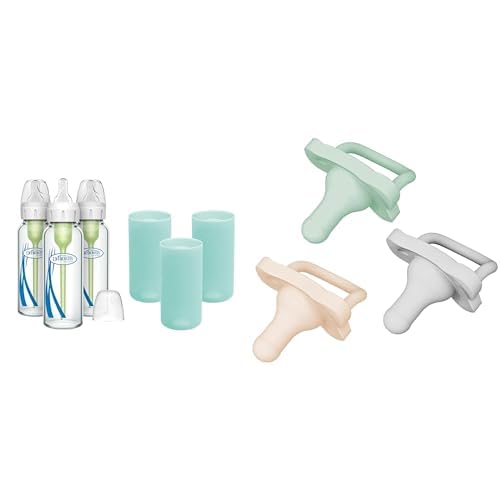 Dr. Brown's Anti-Colic Options+ Narrow Glass Baby Bottles 8oz and Level 1 Slow Flow Nipple, 3-Pack 0m+ and Mint Silicone Sleeves and HappyPaci 100% Silicone Pacifier 3 Pack Green/Gray/Ecru