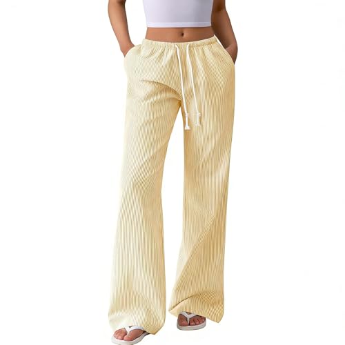 Esesoul Womens Striped Wide Leg Linen Pants Elastic Waist Drawstring with Pockets Casual Lounge PJ Beach Pants for Summer Yellow