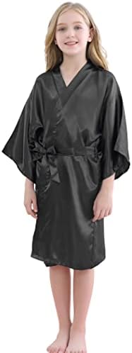 SEALINF Girls Silky Robe Kids Solid Color Kimono Sleeping Gown Bathrobe for Spa Birthday Parties Wedding Getting Ready (Black, Tag 12)