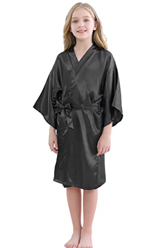 Sealinf Girls Silky Robe Kids Solid Color Kimono Sleeping Gown Bathrobe For Spa Birthday Parties Wedding Getting Ready (Black, Tag 10) #TOP20