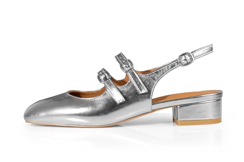 Image of anteikira Women's Round Toe Slingback Flats Closed Toe Double Strap Mary Jane Flats for Women 1 Inch Heel Dress Shoes Low Heel Causal Work Office Pumps for Women Size 5.5-12US