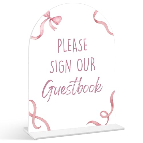 Please Sign Our Guestbook Sign - Pink Bow Baby Shower Sign, 1 Pack Arch Acrylic Sign with Stand, Gender Reveal Party Table Decor, Pink Baby Shower Supplies (SP05)