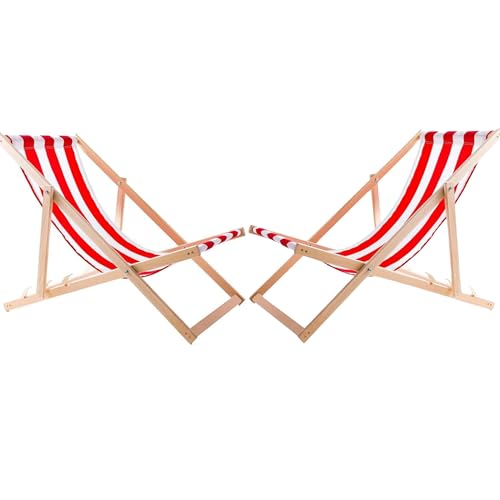 WOODOK Sdraio Pieghevole - Sdraio da Giardino Pieghevole - Portata Massima: 120 kg - In Legno di Faggio - Senza Braccioli - 2 in Rosso e Bianco