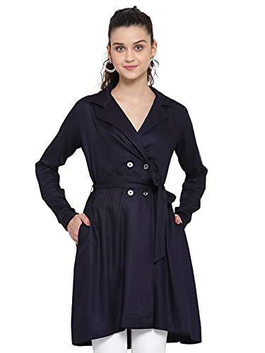 Image of Style Quotient Women Black Solid Double-Breasted Trench Coat