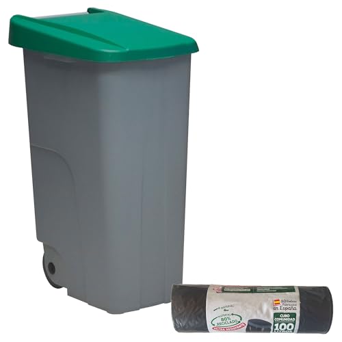 WELL HOME MOBILIARIO & DECORACIÓN Contenedor Cerrado 85L Verde H.76cm + Rollo 10 bolsas de basura 100L