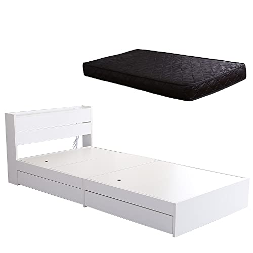 グランテイスト ベッド マットレスセット キャスター付き 引き出し収納 木製ベッド 棚付き 宮付き コンセント付き ホワイト セミダブル ポケットコイルマットレス(ブラック)付き