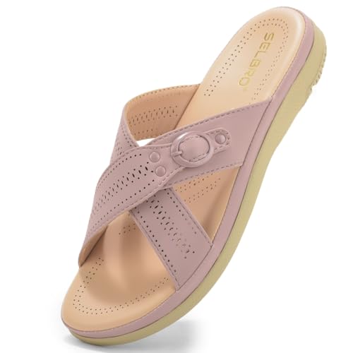 Image of SELBRO Women's Comfort Slip-On Sandals - Lightweight Criss-Cross Strap Flats with Laser-Cut Detail and Cushioned Footbed - Stylish Everyday Walking Flats SAR-CHD126