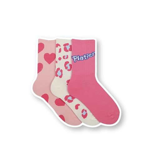 LilRoot Pink Socks Cute Hearts Leopard Printed Girls Sports Cotton Crew Socks Aesthetic Casual Socks for Women - 3 Pairs