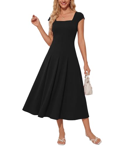 OXP Women's 2026 Summer Elegant Square Neck Cap Sleeve Midi Cocktail Semi Formal Dress for Wedding Guest Evening Party Black L